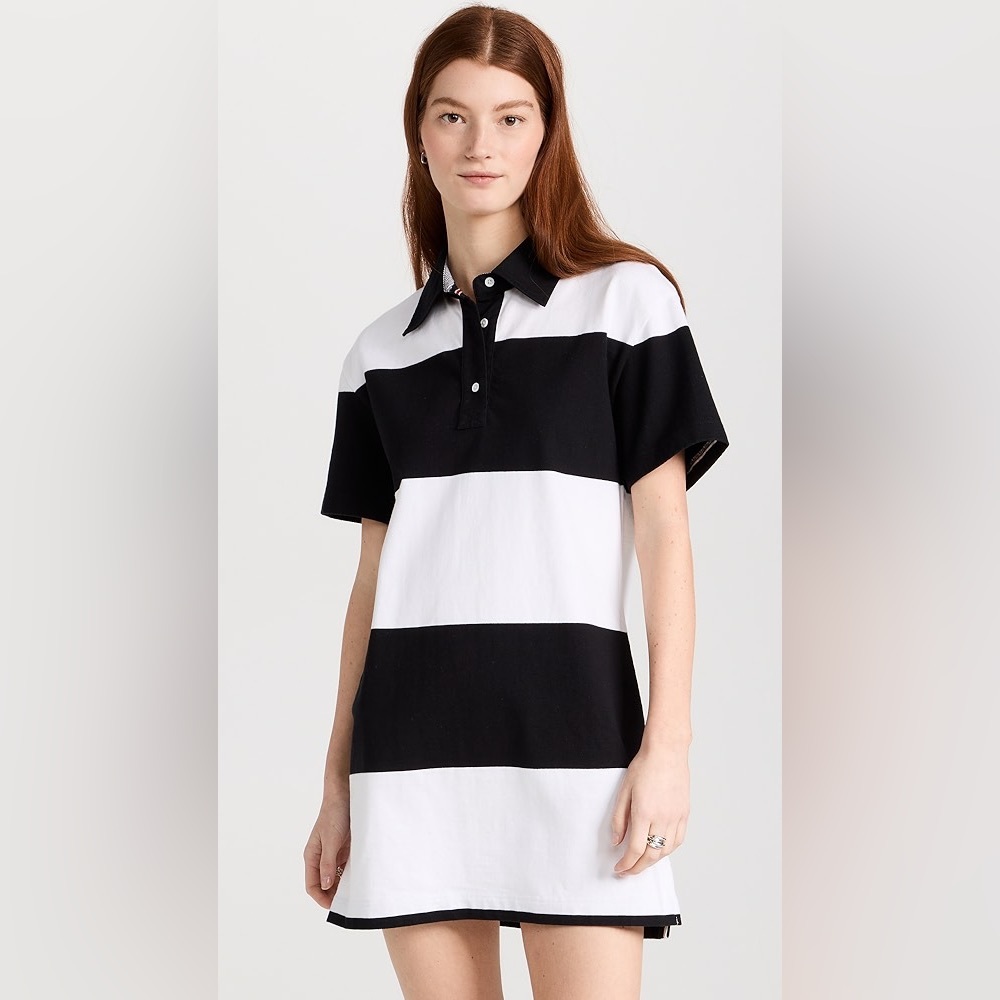 Alice + Olivia Treva Black White Striped Collared Mini Polo Dress Large